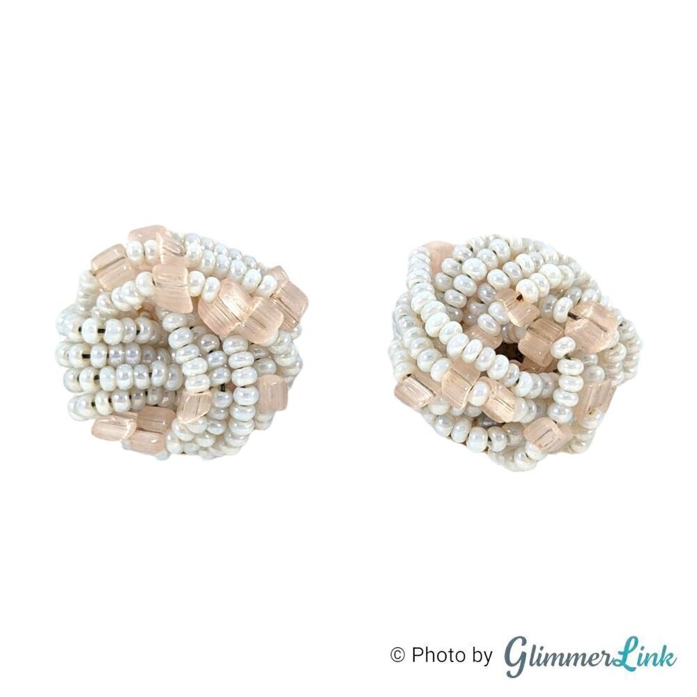 Vintage Italian Pink Glass & White Seed Beads Gold Tone Beaded Cluster Earrings